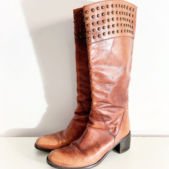 Vintage Tan Brown Leather Tall Boots with Bronze Studs / Made in Italy / size 7 - Picture 2 of 8